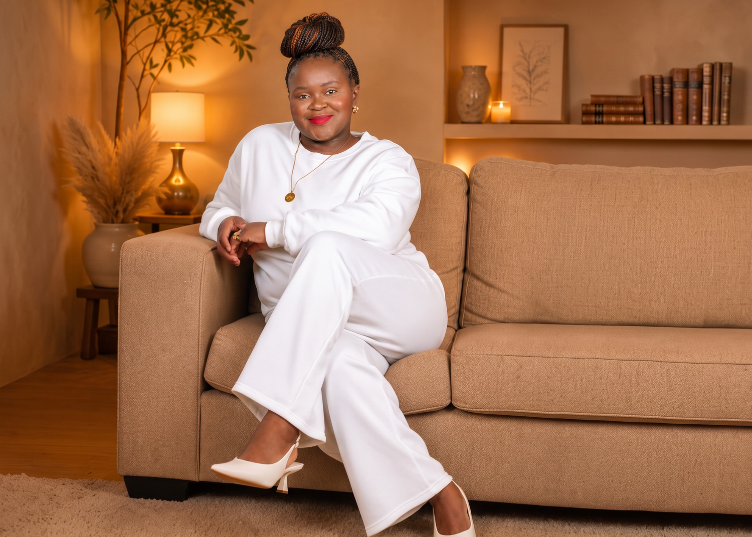 A woman wearing a white long-sleeve top and matching wide-leg pants sits on a beige sofa in a warm, styled living room setting.